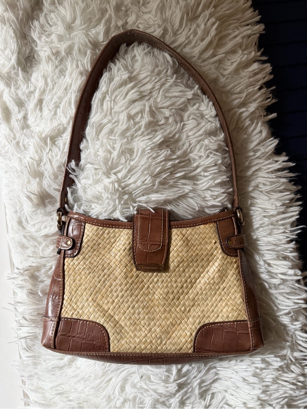 Woven Straw Shoulder Bag with Brown Leather Trim